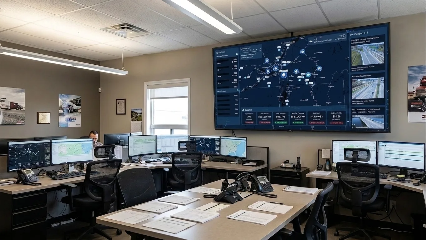 A dispatch office with Control Center on a large wall screen above the dispatchers' desks