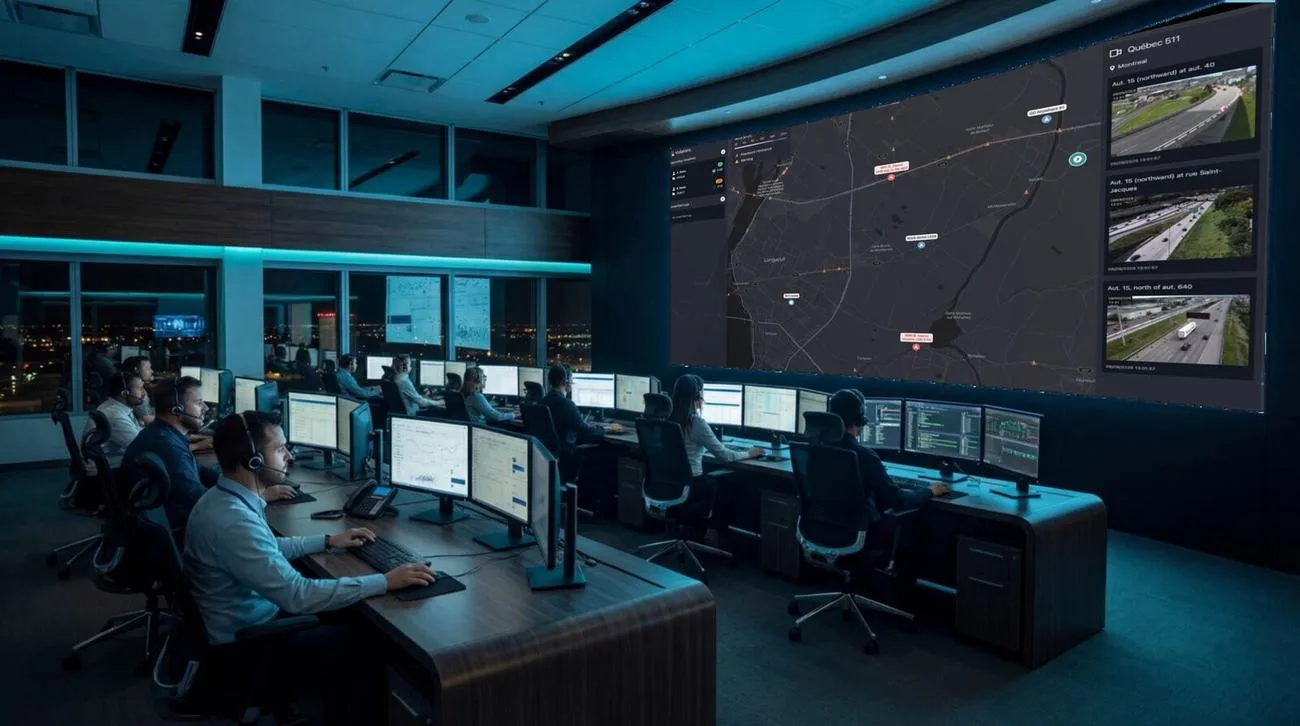A dispatch room at night with Control Center across a video wall