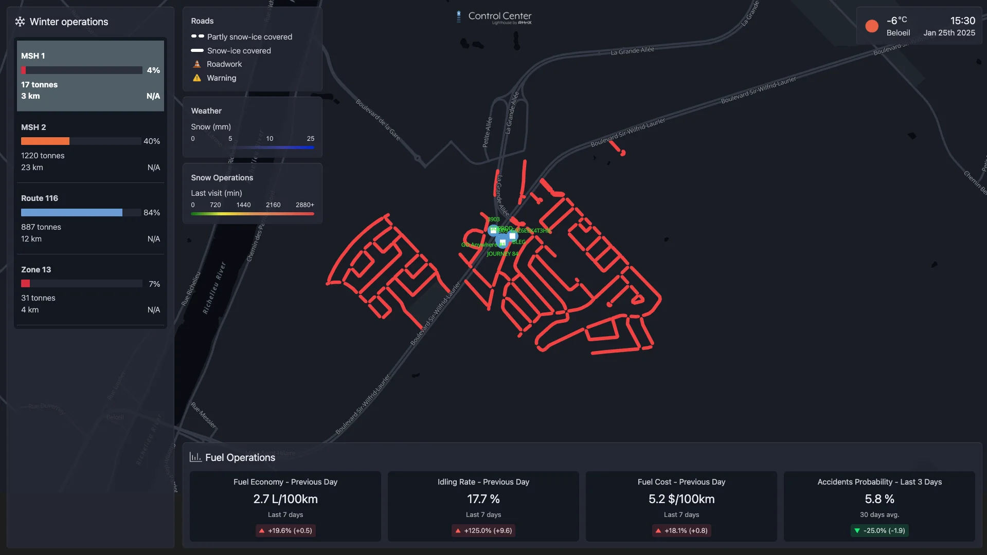 Control Center during a winter operation: snow routes with their completion and salt spread, streets coloured by time since the last visit, road conditions and the previous day's fuel operations
